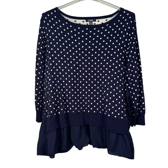 Chaps Size 3X Navy & White Polka Dot Chiffon Hem Sweater - Picture 1 of 4
